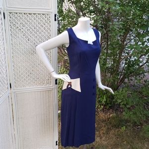 60s Navy Blue Vintage Beaded Applique Midi Dress